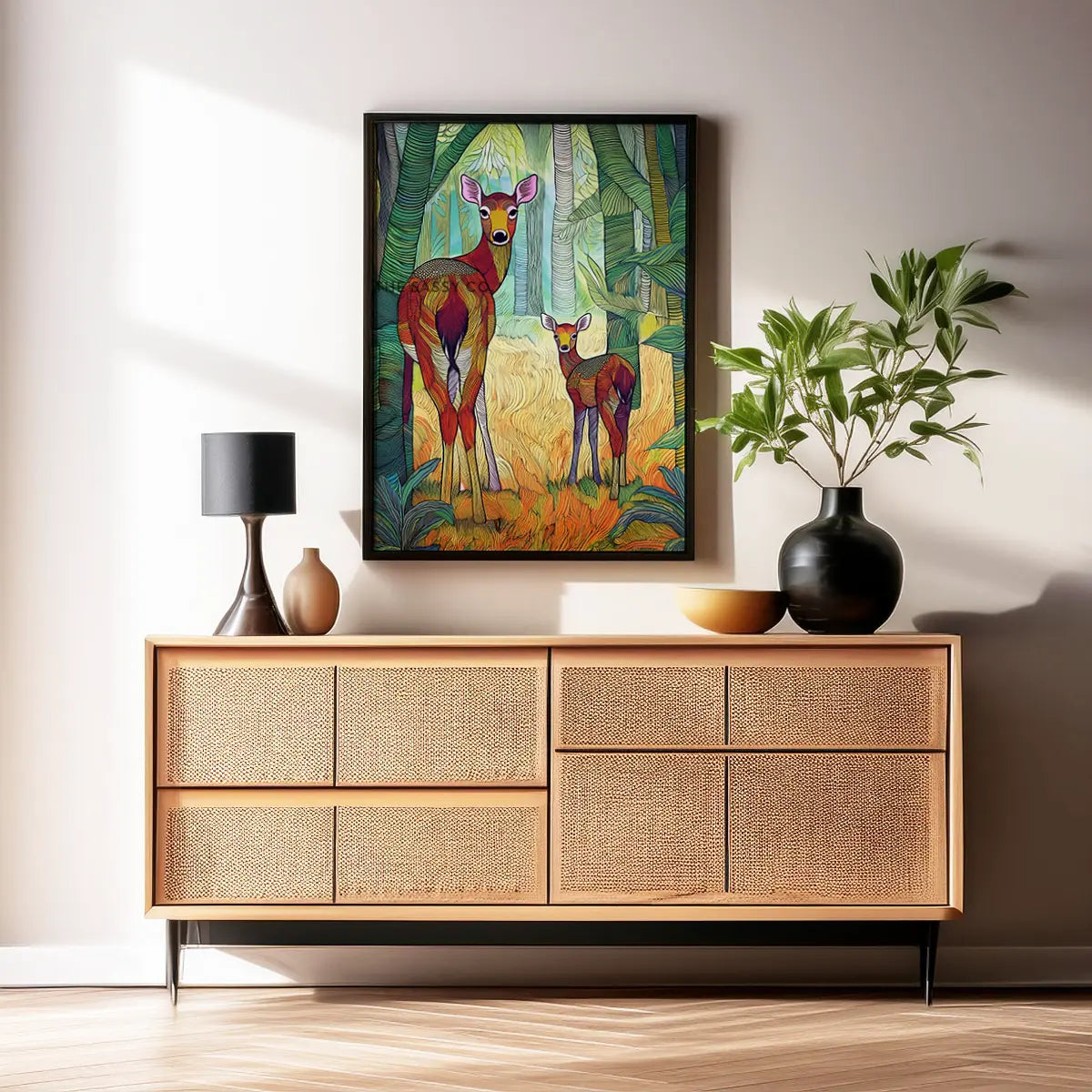 A modern abstract tribal style wildlife artwork showcasing a mother spotted deer and her fawn in nature. The canvas wall art painting features soft, earthy hues and detailed line patterns, highlighting the tender bond between the cautious mother and the curious fawn. The piece exudes calm and connection, making it an ideal canvas painting wall art decor for the living room or as nature-inspired home decor. Best art print for wildlife lovers, animal and nature lovers.