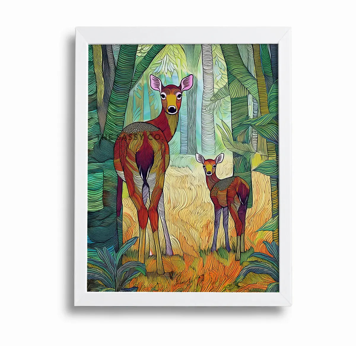 A modern abstract tribal style wildlife artwork showcasing a mother spotted deer and her fawn in nature. The canvas wall art painting features soft, earthy hues and detailed line patterns, highlighting the tender bond between the cautious mother and the curious fawn. The piece exudes calm and connection, making it an ideal canvas painting wall art decor for the living room or as nature-inspired home decor. Best art print for wildlife lovers, animal and nature lovers.