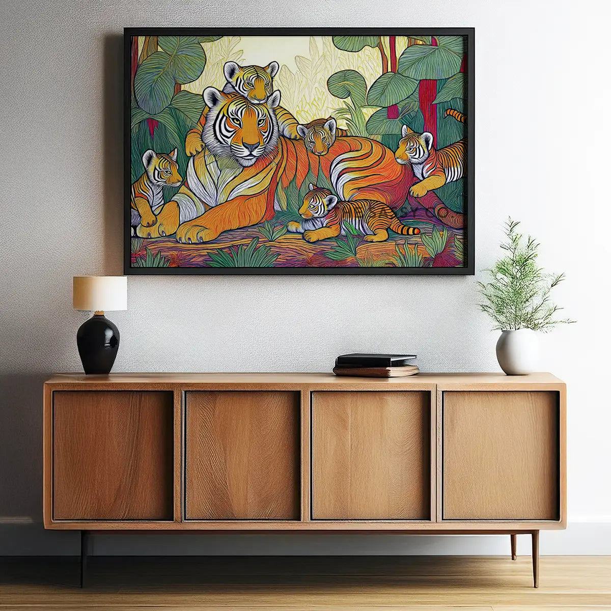 An abstract, modern, aesthetic wall art canvas painting of a Royal Bengal tigress with her cubs. The colorful artwork is perfect for wall art decor. This tribal style art print is a vibrant addition to any living room or home decor. Ideal for wildlife, tiger and nature lovers. Large size wall painting.
