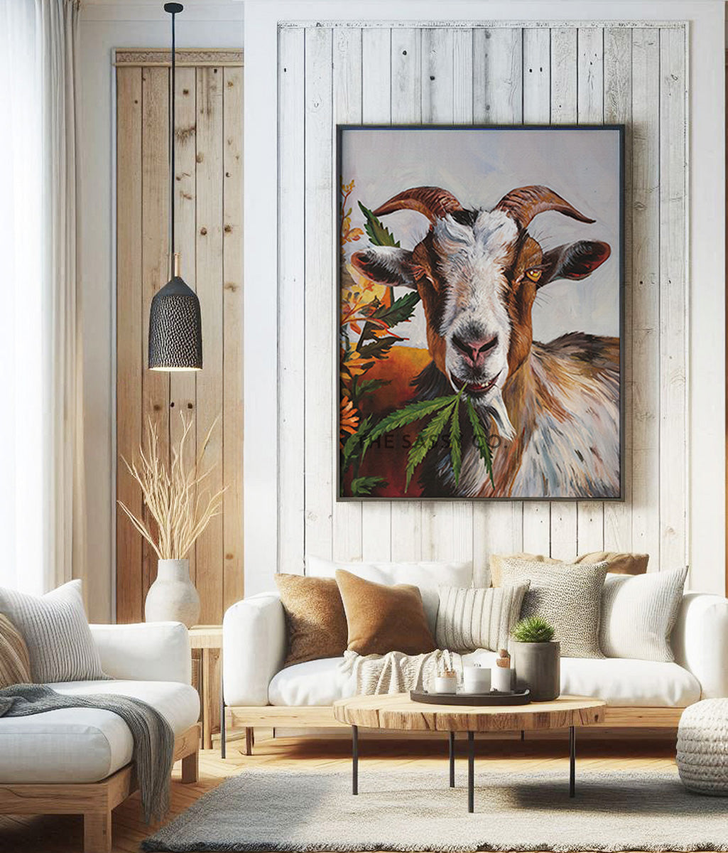 Rustic Funny farm animal, Whimsical Goat wall art painting canvas print, framed print for home decor