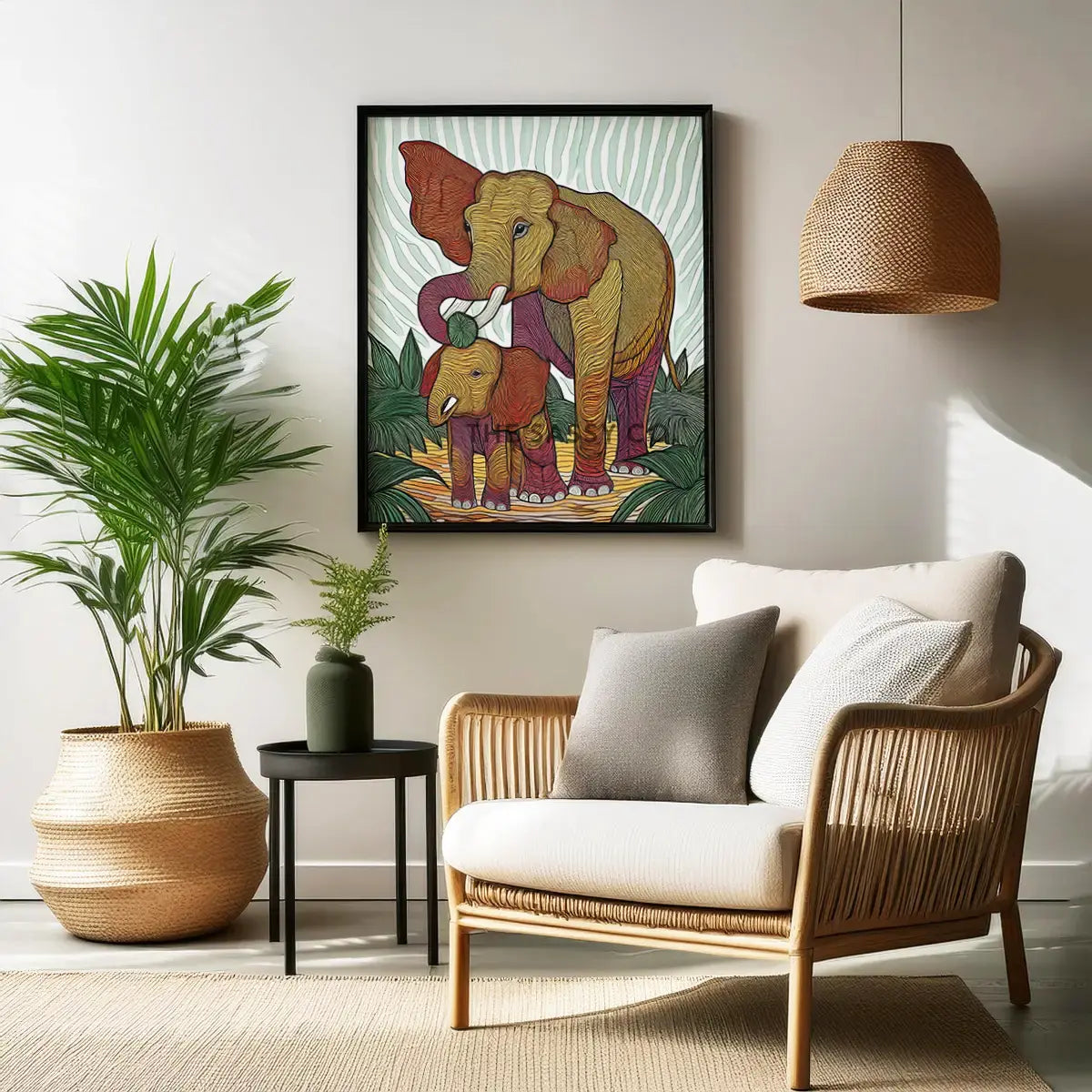Modern abstract Elephant animal canvas painting wall art decor framed artwork for living room, bedroom decor. Green, yellow, red elephants aesthetic wall art home decor item for modern Indian home. Free Shipping. Buy best art prints, posters, modern unique artwork wall art decor shopping online in India.