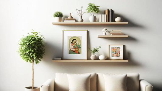 a photo of a modern minimalist wall decor of floating shelves with potted plants, books, vases, framed wall art paintings, in a living room with a beige couch. Indian home decor.