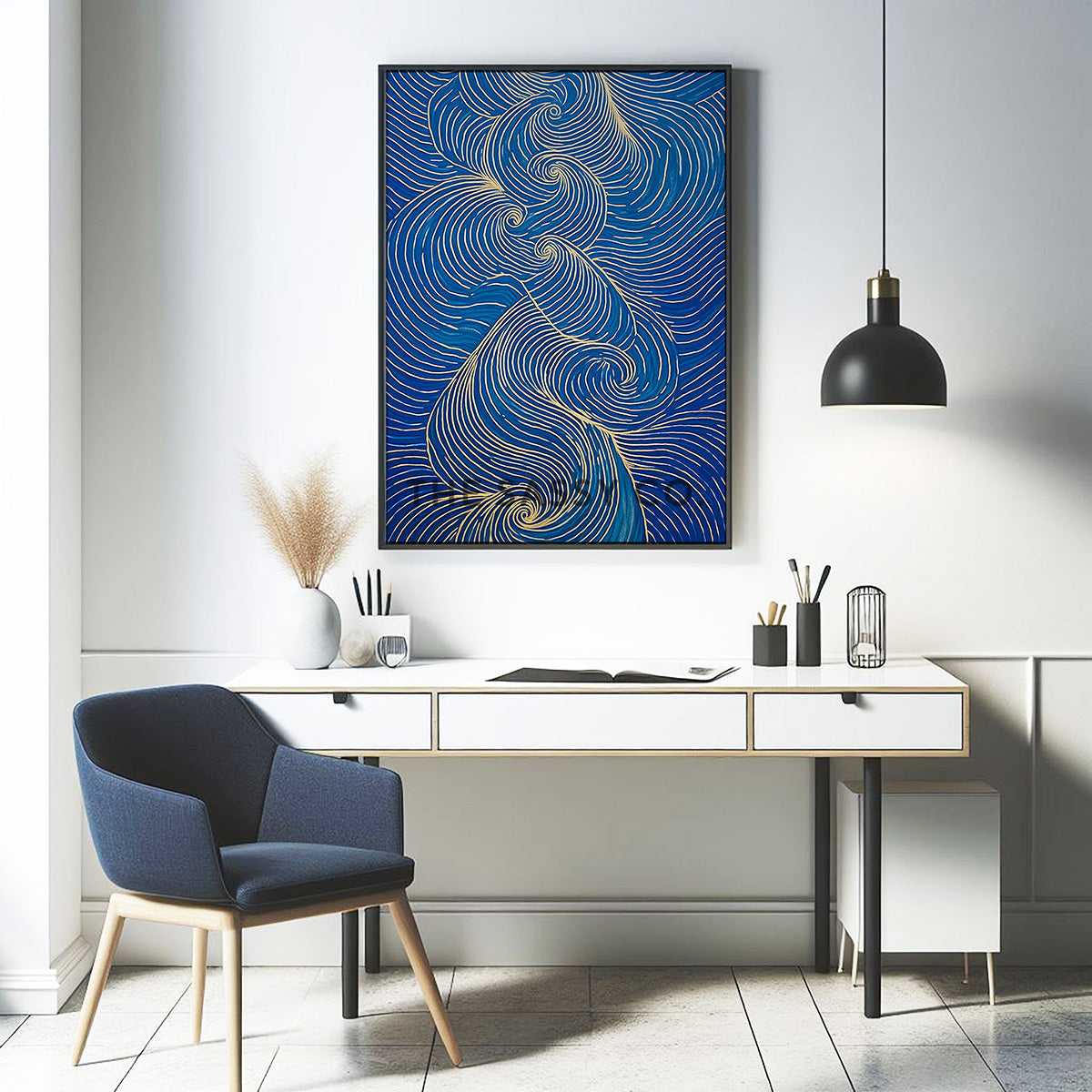 Nature inspired blue abstract wind wall art painting canvas & framed print for bedroom, living decor, office, work station, home decor