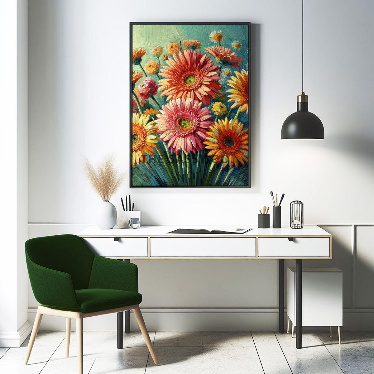 Colorful Floral Gerbera flower wall art painting canvas print, framed print for bedroom, living room, office, home decor