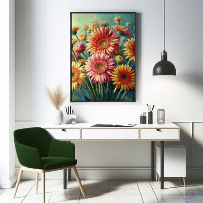 Colorful Floral Gerbera flower wall art painting canvas print, framed print for bedroom, living room, office, home decor