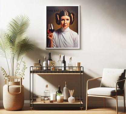 Star Wars inspired, Princess Leia with wine wall art painting, canvas & framed print for Kitchen decor, dining decor, bar art, Home decor