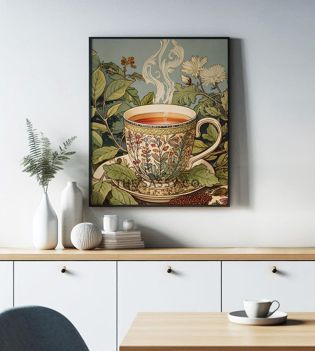 a pastel blue and green vintage style tea artwork. Tea leaves, cup wall art painting canvas, framed art print for kitchen, dining room, home wall decor. Buy modern wall art paintings online India.