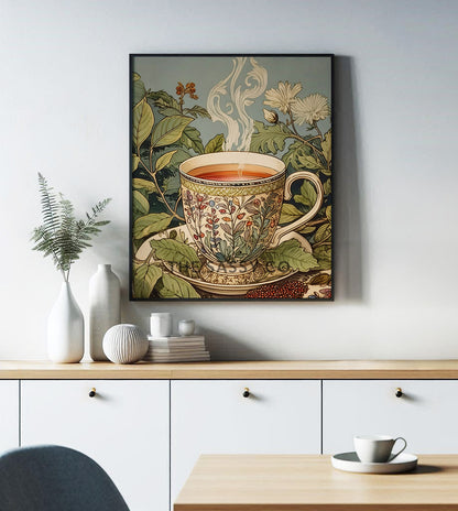 a pastel blue and green vintage style tea artwork. Tea leaves, cup wall art painting canvas, framed art print for kitchen, dining room, home wall decor. Buy modern wall art paintings online India.