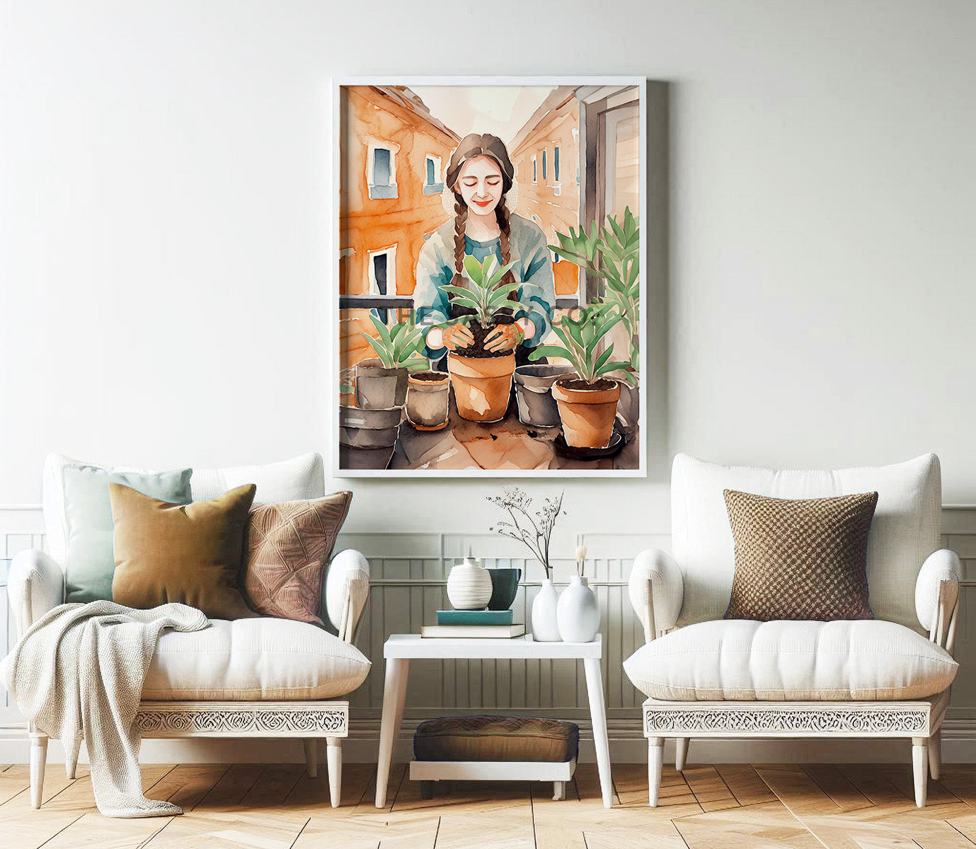 An orange, green boho watercolor artwork of a woman gardening. Boho watercolor style wall art painting canvas, framed art print for sitting room, drawing room, home wall decor. Boho wall decor ideas for modern Indian homes. Buy wall art paintings online