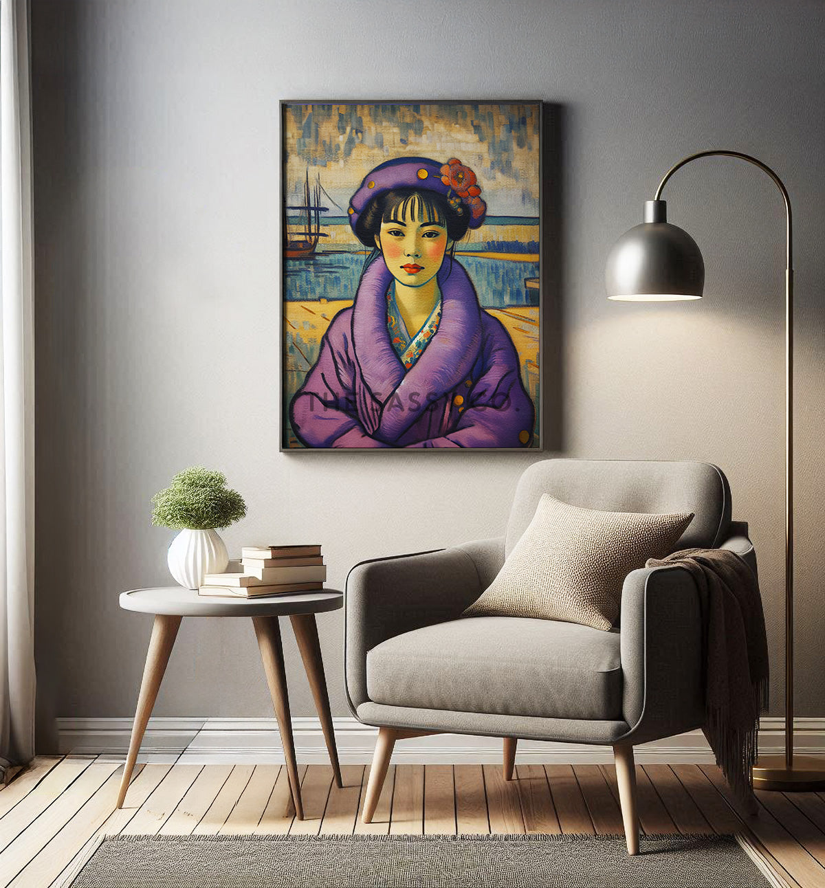 Vintage style Japanese woman purple wall art painting canvas & framed print for living room and home decor 