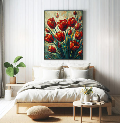 Floral red Tulips wall art painting canvas prints, framed prints bedroom wall, living room, home decor