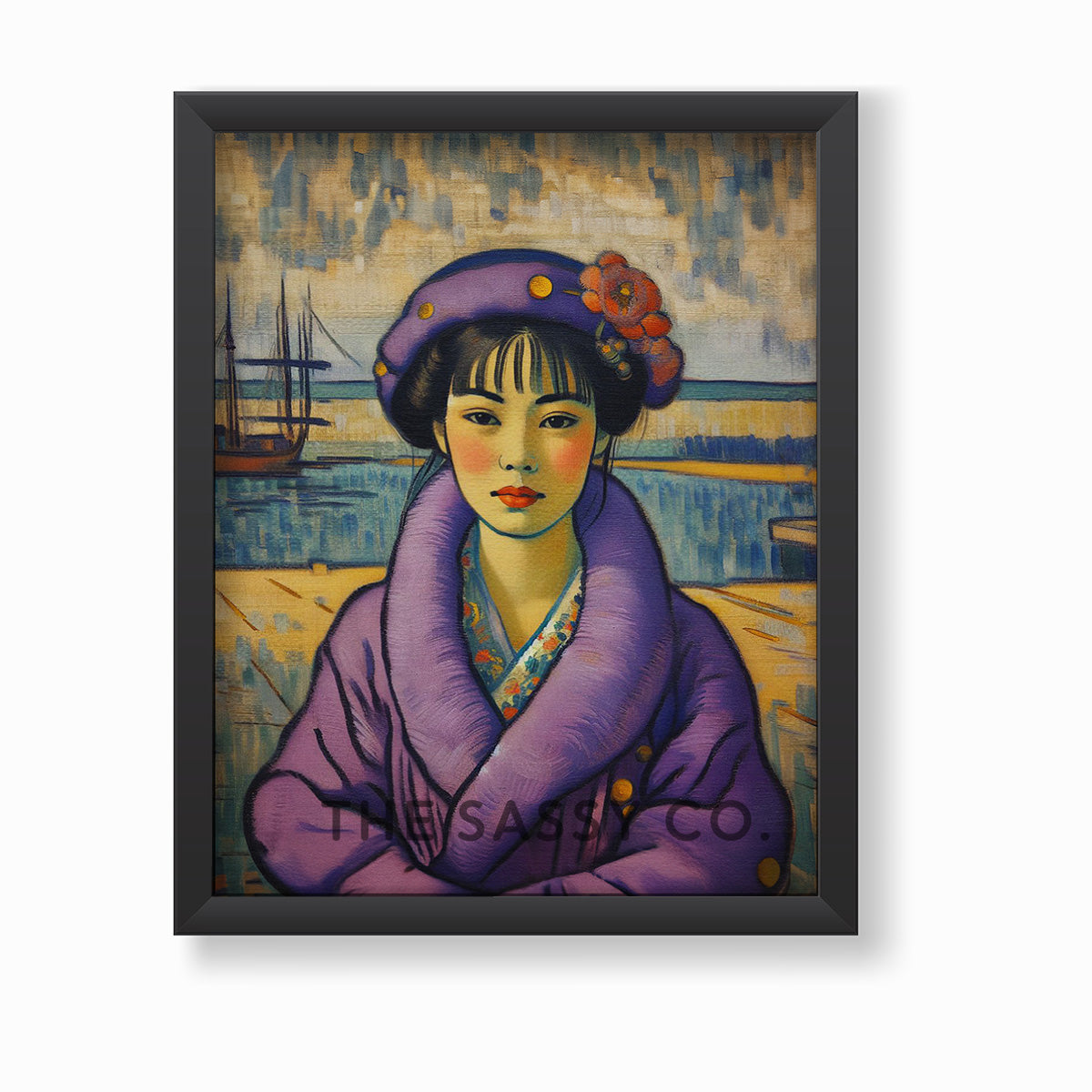 Vintage style Japanese woman purple wall art painting canvas & framed print for living room and home decor 
