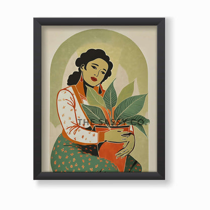 Boho style Woman with Plant Sage green wall art painting canvas print, framed print for bedroom, living room, home decor