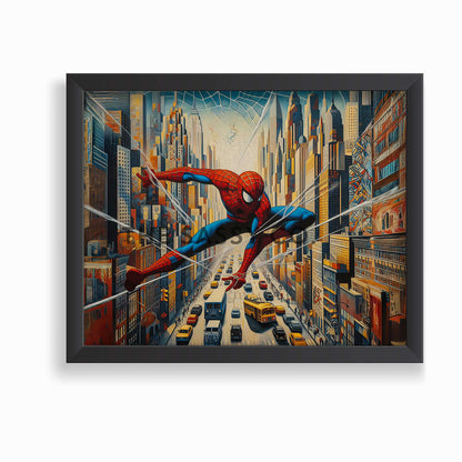 a blue, red canvas wall art painting of Spiderman in the city. Spider man superhero artwork wall art painting canvas print, framed art print for bedroom, game room wall decor, kid's room decor. Modern wall art decor for Indian homes.