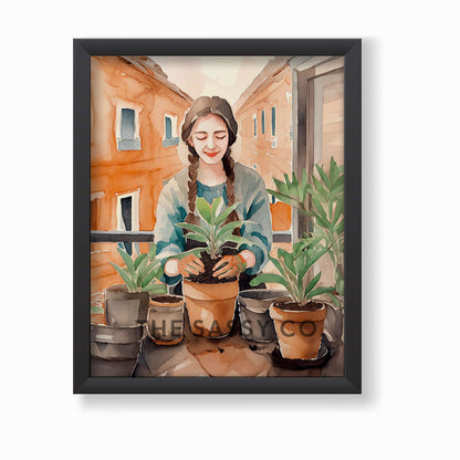 An orange, green boho watercolor artwork of a woman gardening. Boho watercolor style wall art painting canvas, framed art print for bedroom, living room, home wall decor. Boho wall decor ideas for modern Indian homes. Buy wall art painting online 