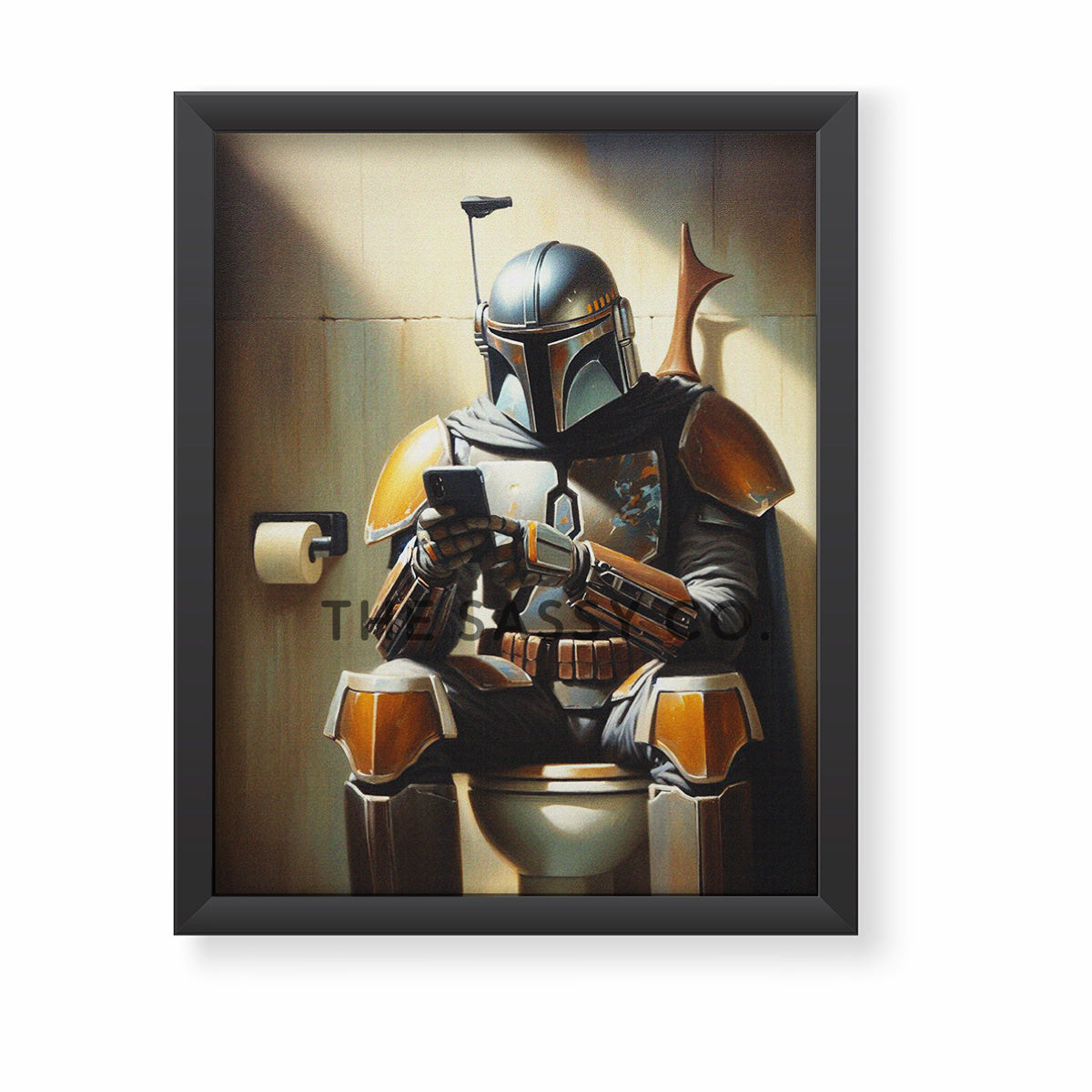 Star Wars inspired, Funny Mandalorian bathroom wall art painting canvas, framed print for bathroom decor
