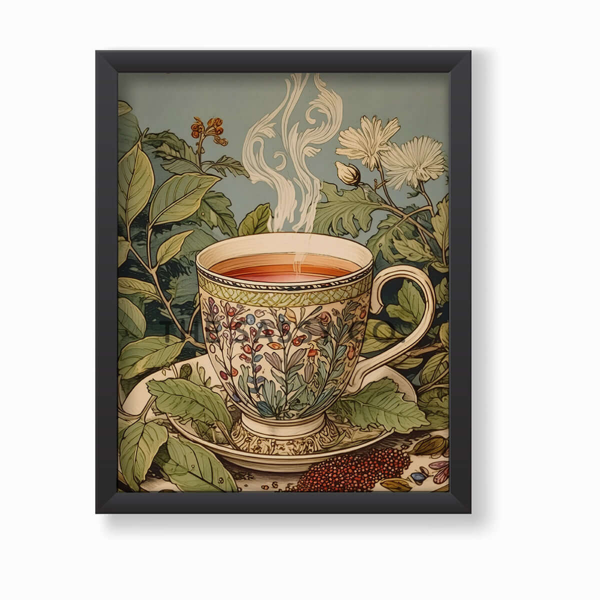 a pastel blue and green vintage style tea artwork. Tea leaves, cup wall art painting canvas, framed art print for kitchen, dining room, home wall decor. Buy modern wall art paintings online India.
