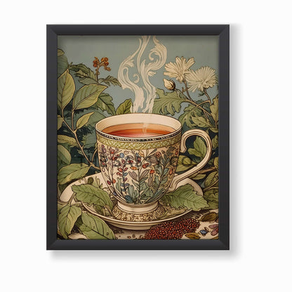 a pastel blue and green vintage style tea artwork. Tea leaves, cup wall art painting canvas, framed art print for kitchen, dining room, home wall decor. Buy modern wall art paintings online India.