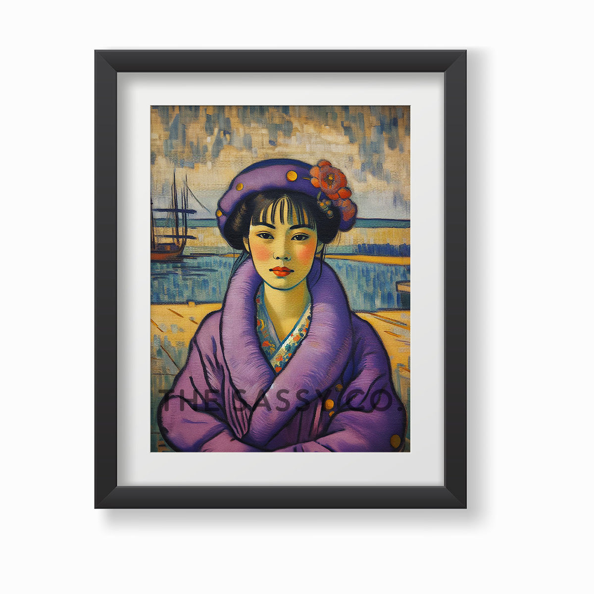 Vintage style Japanese woman purple wall art painting canvas & framed print for living room and home decor 