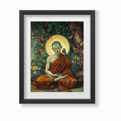 Buddhist monk meditating wall art painting canvas print, framed print for living room, bedroom, home