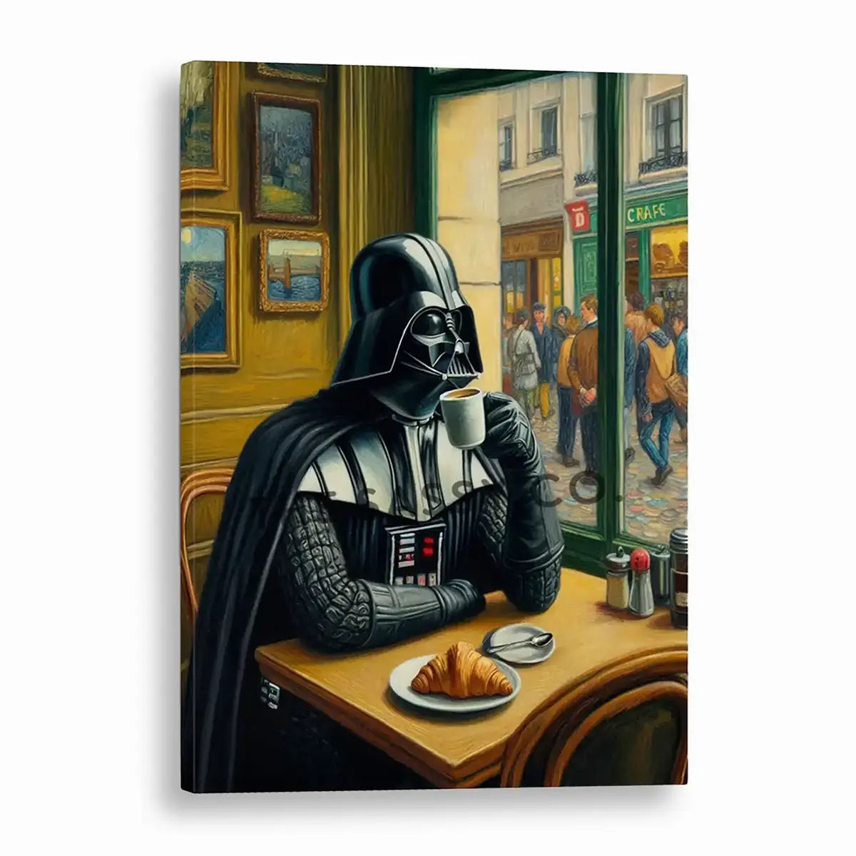 Vintage style Darth Vader coffee canvas wall art painting. Star Wars poster artwork print for home office, game room, or coffee corner decor. Cafe style funny star wars wall art for star wars fans, gamers. Wall art decor for Kitchen, dining and home wall art decor.