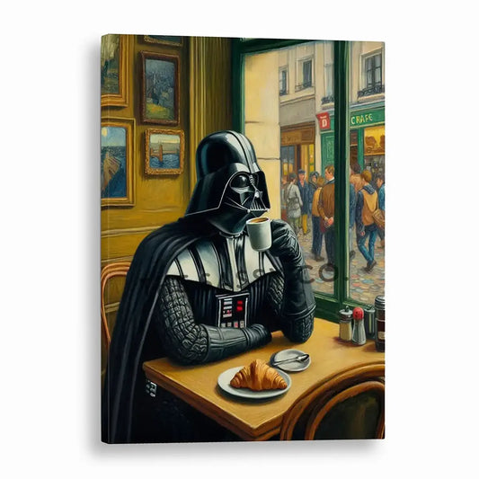 Vintage style Darth Vader coffee canvas wall art painting. Star Wars poster artwork print for home office, game room, or coffee corner decor. Cafe style funny star wars wall art for star wars fans, gamers. Wall art decor for Kitchen, dining and home wall art decor.