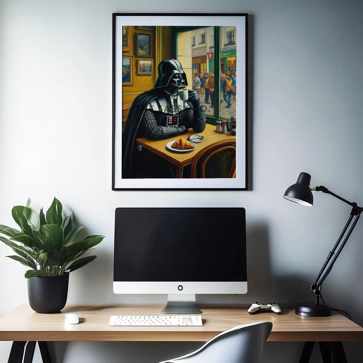 Vintage style Darth Vader coffee canvas wall art painting. Star Wars poster artwork print for home office, game room, or coffee corner decor. Cafe style funny star wars wall art for star wars fans, gamers. Wall art decor for Kitchen, dining and home wall art decor.
