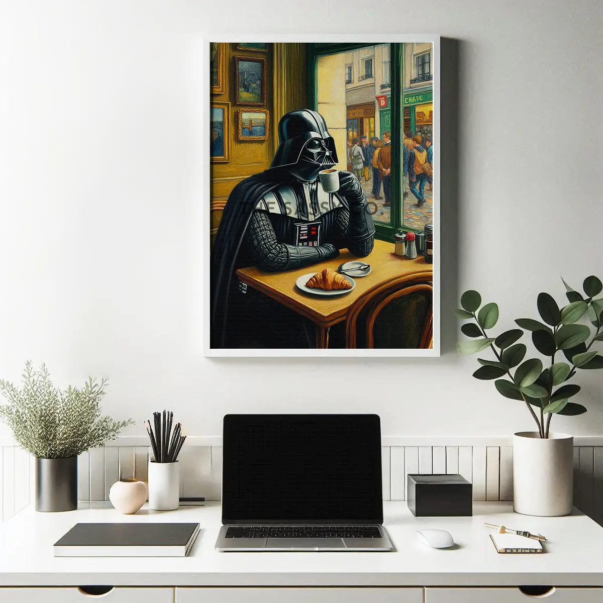 Vintage style Darth Vader coffee canvas wall art painting. Star Wars poster artwork print for home office, game room, or coffee corner decor. Cafe style funny star wars wall art for star wars fans, gamers. Wall art decor for Kitchen, dining and home wall art decor.