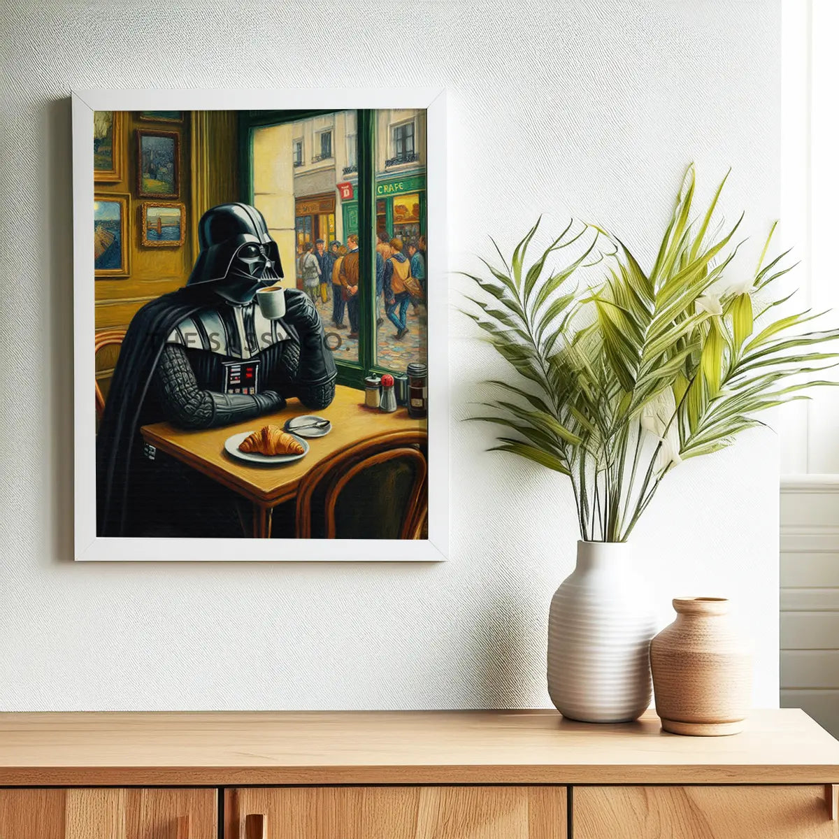 Vintage style Darth Vader coffee canvas wall art painting. Star Wars poster artwork print for home office, game room, or coffee corner decor. Cafe style funny star wars wall art for star wars fans, gamers. Wall art decor for Kitchen, dining and home wall art decor.