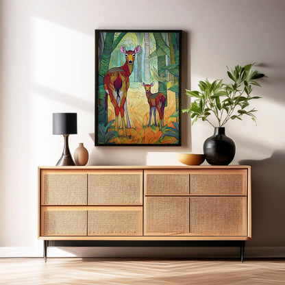 A modern abstract tribal style wildlife artwork showcasing a mother spotted deer and her fawn in nature.  The canvas wall art painting features soft, earthy hues and detailed line patterns, highlighting the tender bond between the cautious mother and the curious fawn. The piece exudes calm and connection, making it an ideal canvas painting wall art decor for the living room or as nature-inspired home decor. Best art print for wildlife lovers, animal and nature lovers.