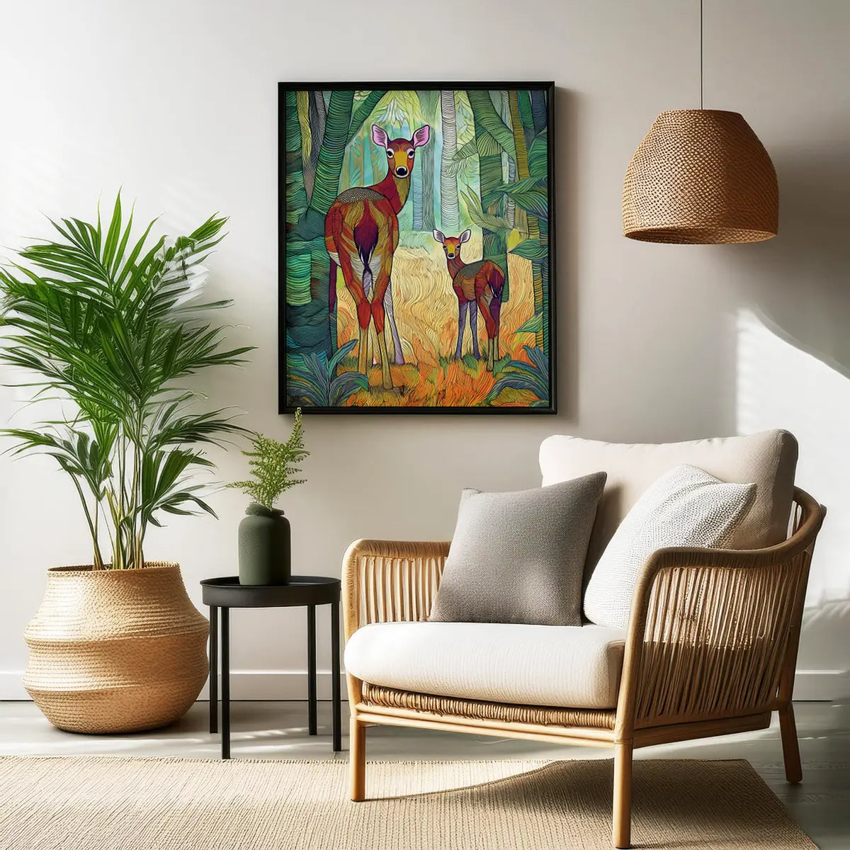 A modern abstract tribal style wildlife artwork showcasing a mother spotted deer and her fawn in nature.  The canvas wall art painting features soft, earthy hues and detailed line patterns, highlighting the tender bond between the cautious mother and the curious fawn. The piece exudes calm and connection, making it an ideal canvas painting wall art decor for the living room or as nature-inspired home decor. Best art print for wildlife lovers, animal and nature lovers.