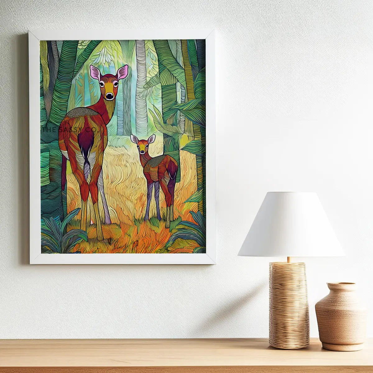A modern abstract tribal style wildlife artwork showcasing a mother spotted deer and her fawn in nature.  The canvas wall art painting features soft, earthy hues and detailed line patterns, highlighting the tender bond between the cautious mother and the curious fawn. The piece exudes calm and connection, making it an ideal canvas painting wall art decor for the living room or as nature-inspired home decor. Best art print for wildlife lovers, animal and nature lovers.