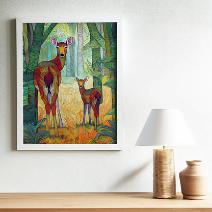 A modern abstract tribal style wildlife artwork showcasing a mother spotted deer and her fawn in nature.  The canvas wall art painting features soft, earthy hues and detailed line patterns, highlighting the tender bond between the cautious mother and the curious fawn. The piece exudes calm and connection, making it an ideal canvas painting wall art decor for the living room or as nature-inspired home decor. Best art print for wildlife lovers, animal and nature lovers.