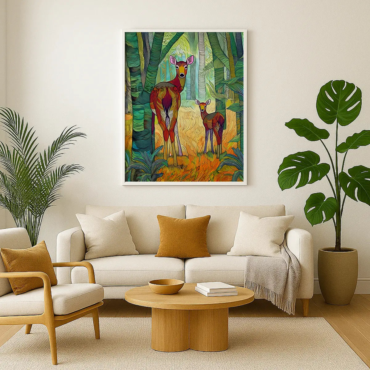 A modern abstract tribal style wildlife artwork showcasing a mother spotted deer and her fawn in nature.  The canvas wall art painting features soft, earthy hues and detailed line patterns, highlighting the tender bond between the cautious mother and the curious fawn. The piece exudes calm and connection, making it an ideal canvas painting wall art decor for the living room or as nature-inspired home decor. Best art print for wildlife lovers, animal and nature lovers.