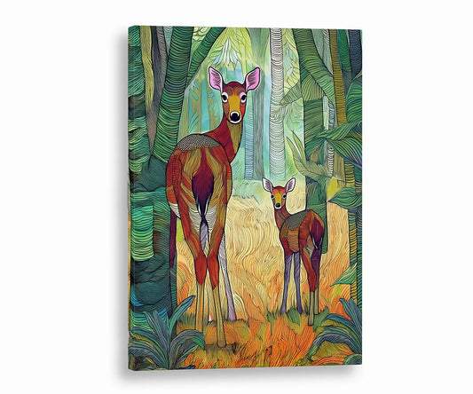 A modern abstract tribal style wildlife artwork showcasing a mother spotted deer and her fawn in nature.  The canvas wall art painting features soft, earthy hues and detailed line patterns, highlighting the tender bond between the cautious mother and the curious fawn. The piece exudes calm and connection, making it an ideal canvas painting wall art decor for the living room or as nature-inspired home decor. Suitable for wildlife lovers, animal and nature lovers.