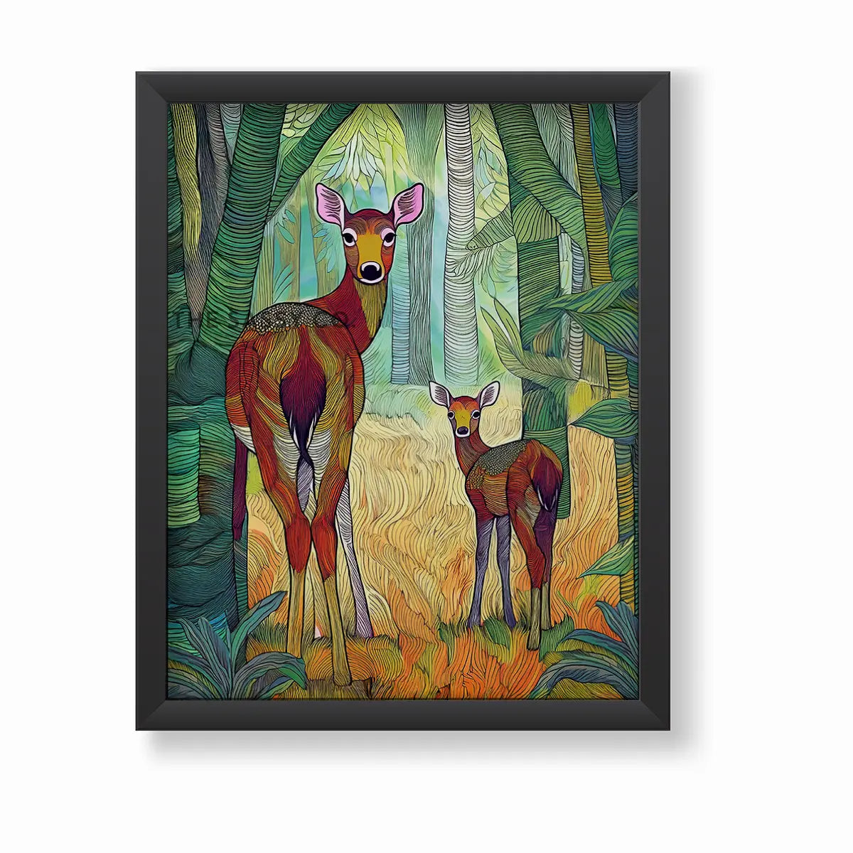 A modern abstract tribal style wildlife artwork showcasing a mother spotted deer and her fawn in nature.  The canvas wall art painting features soft, earthy hues and detailed line patterns, highlighting the tender bond between the cautious mother and the curious fawn. The piece exudes calm and connection, making it an ideal canvas painting wall art decor for the living room or as nature-inspired home decor. Best art print for wildlife lovers, animal and nature lovers.