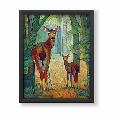 A modern abstract tribal style wildlife artwork showcasing a mother spotted deer and her fawn in nature.  The canvas wall art painting features soft, earthy hues and detailed line patterns, highlighting the tender bond between the cautious mother and the curious fawn. The piece exudes calm and connection, making it an ideal canvas painting wall art decor for the living room or as nature-inspired home decor. Best art print for wildlife lovers, animal and nature lovers.