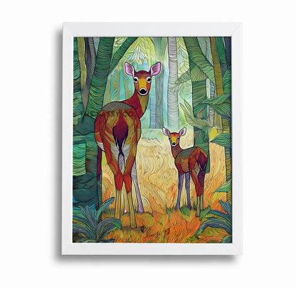 A modern abstract tribal style wildlife artwork showcasing a mother spotted deer and her fawn in nature.  The canvas wall art painting features soft, earthy hues and detailed line patterns, highlighting the tender bond between the cautious mother and the curious fawn. The piece exudes calm and connection, making it an ideal canvas painting wall art decor for the living room or as nature-inspired home decor. Best art print for wildlife lovers, animal and nature lovers.