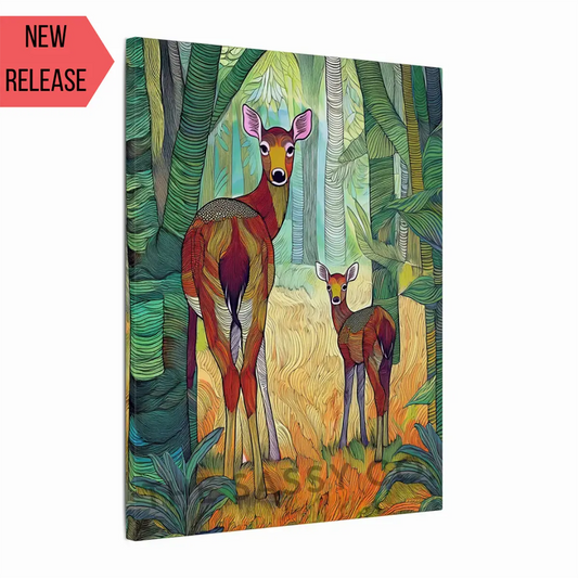 A modern abstract tribal style wildlife artwork showcasing a mother spotted deer and her fawn in nature.  The canvas wall art painting features soft, earthy hues and detailed line patterns, highlighting the tender bond between the cautious mother and the curious fawn. The piece exudes calm and connection, making it an ideal canvas painting wall art decor for the living room or as nature-inspired home decor. Suitable for wildlife lovers, animal and nature lovers.