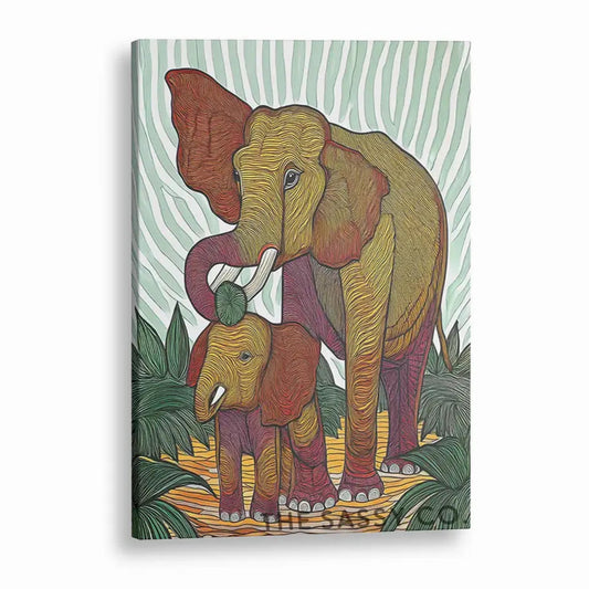 Colorful aesthetic canvas wall art painting of a mother elephant and calf in an abstract, tribal-inspired style, featuring rich earthy tones of burnt orange, mustard yellow, deep red, and forest green. The modern artwork reflects themes of strength, freedom, and connection. Ideal for boho, nature-inspired home wall decor in living rooms or bedrooms, and perfect for animal lovers and wildlife nature art enthusiasts. Available as canvas gallery wrap or framed wall art painting. 