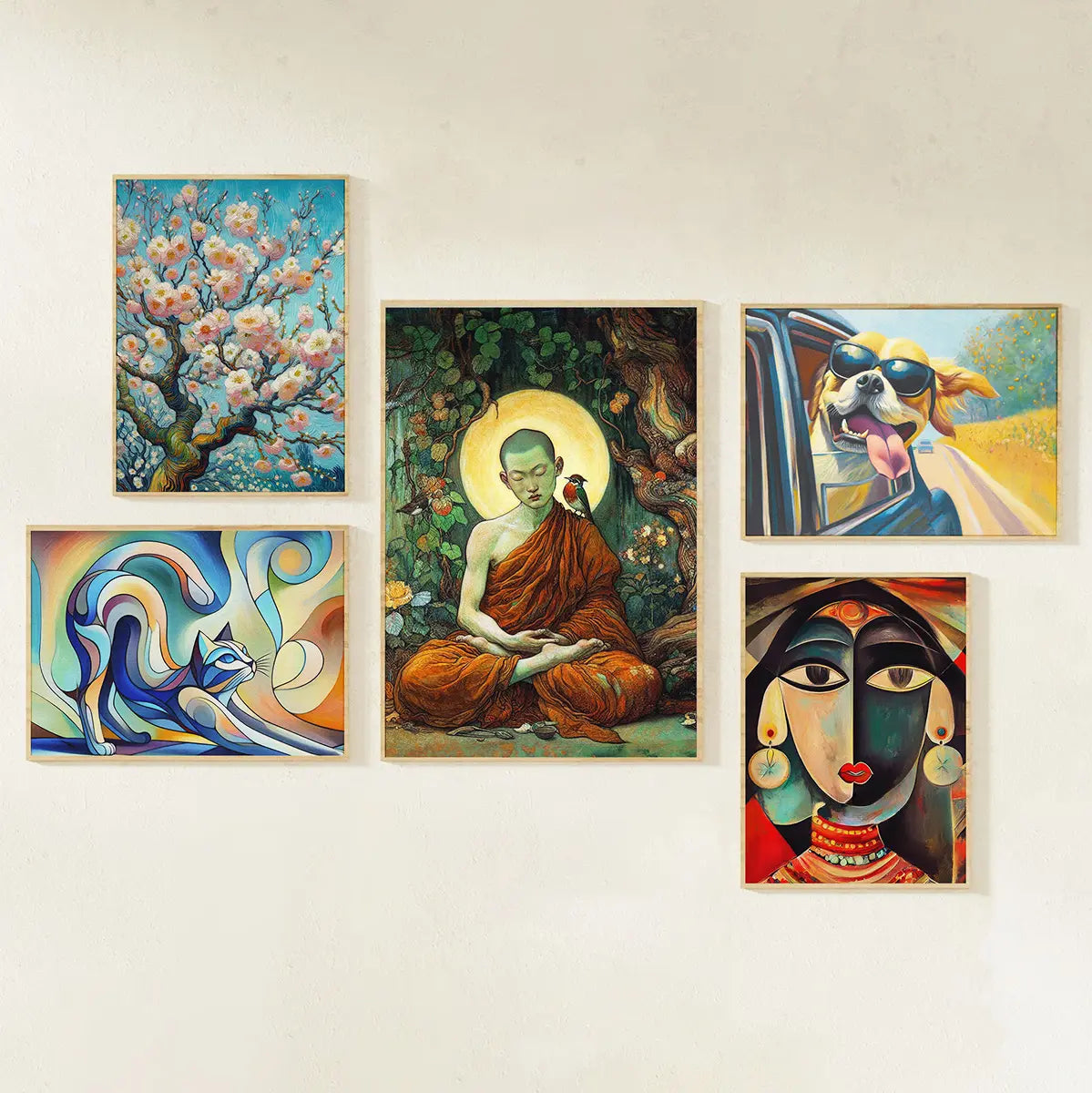 a gallery wall with a cherry blossom wall art painting, a modern abstract cat painting, a monk meditating art print, a dog wearing sunglasses hanging out of a car wall art painting and a modern abstract Indian woman painting