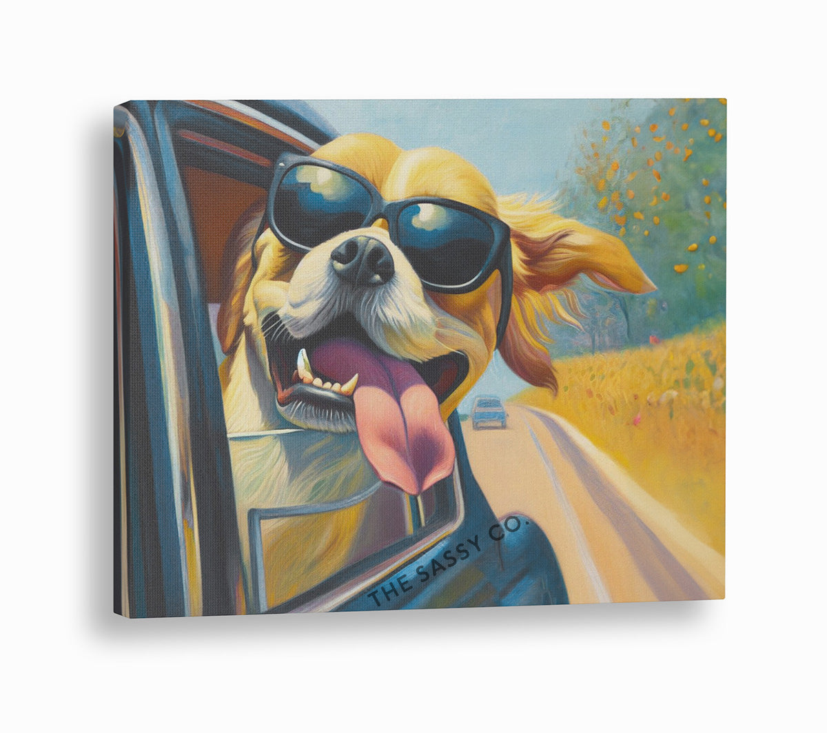 Funny dog car ride wall art painting canvas print, framed print for living room, bedroom, home decor