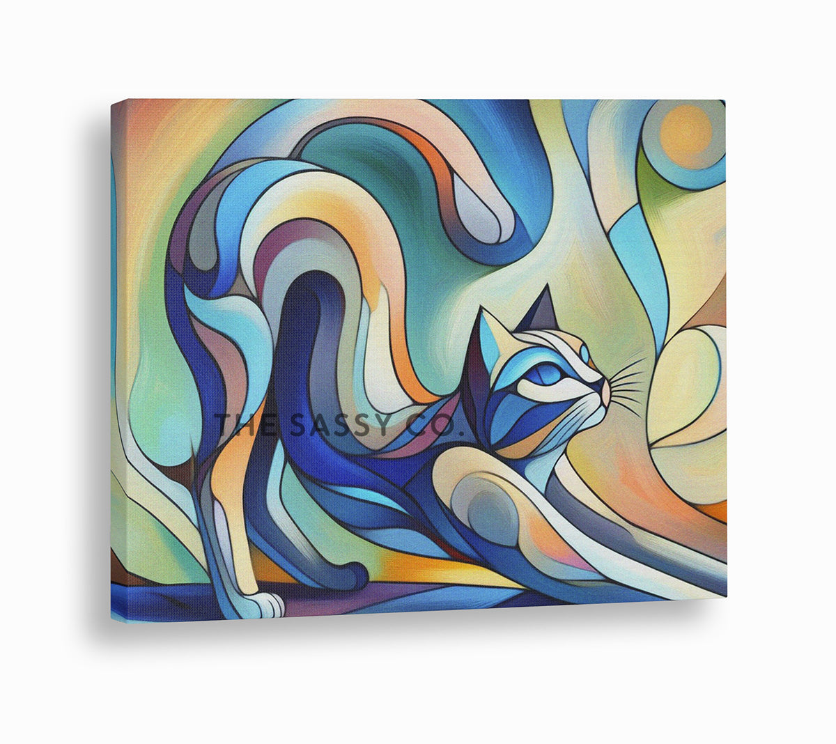 Picasso style modern abstract cat wall art painting, canvas print and framed print for living room and home decor