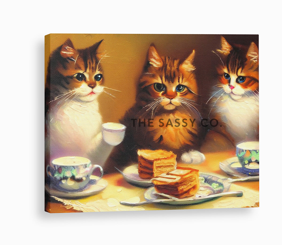 Three cats having a tea party, wall art painting for drawing room. Canvas wall art painting prints, framed art prints for bedroom, living room, home decor. Buy wall art painting online India.