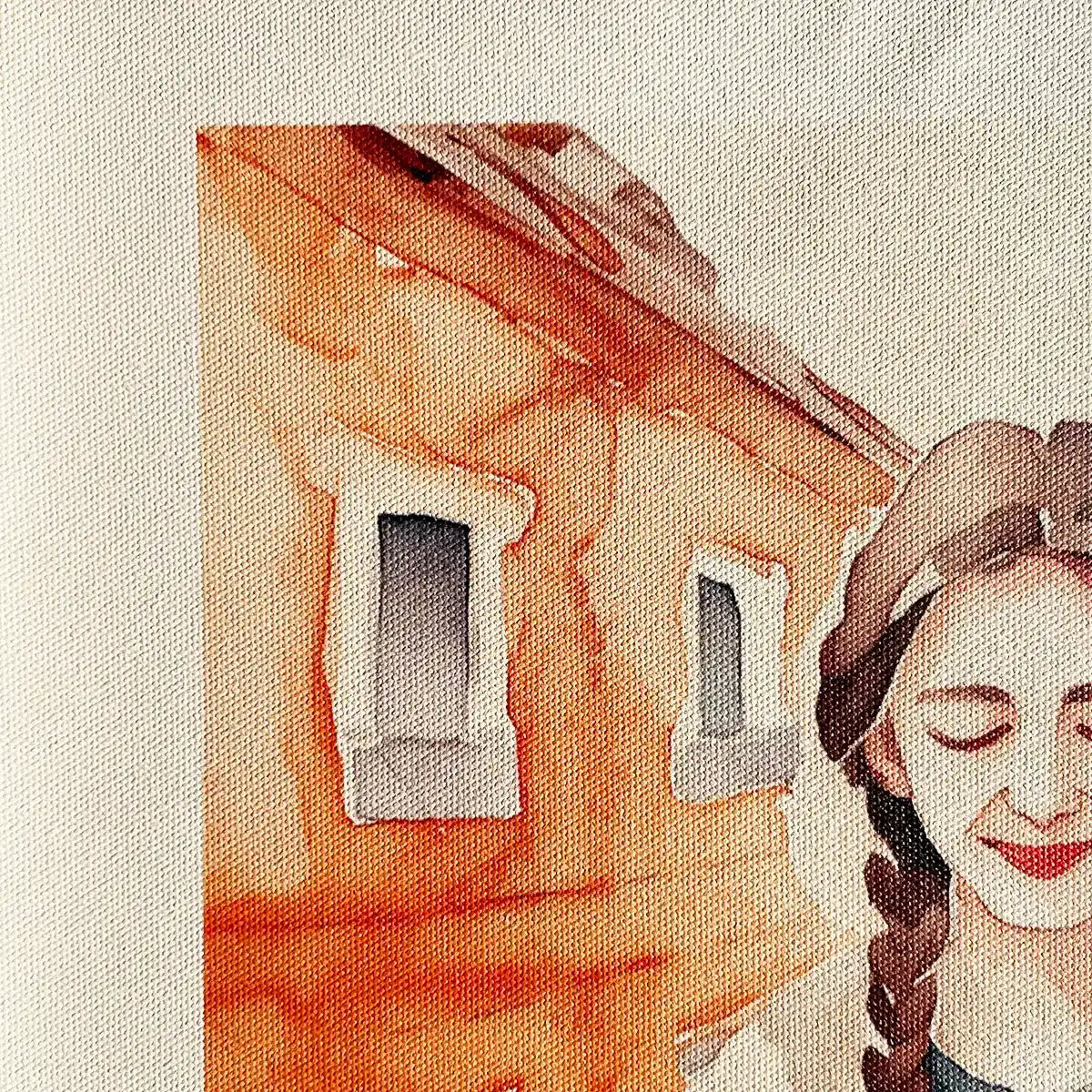 a close-up image of a high-quality canvas material with a watercolor art in orange and brown, partially showing a building and a woman's smiling face