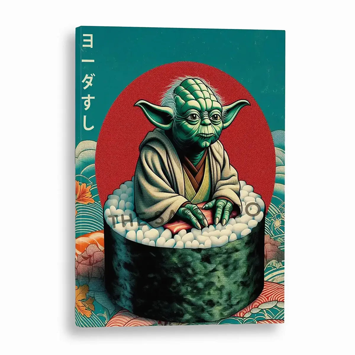 Funny Yoda wall art styled as sushi, minimalist Japanese pop art canvas painting for Star Wars fans and gamers. Star wars inspired wall art decor artwork poster for office, game room, bedroom decor. 