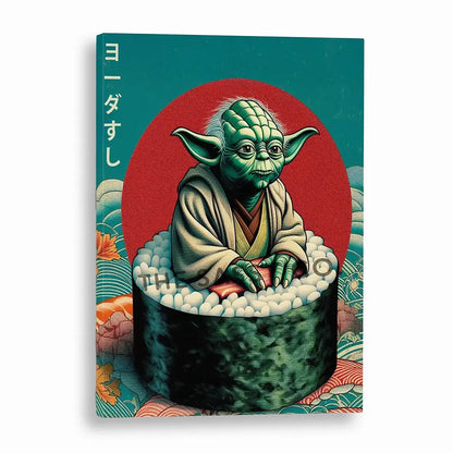 Funny Yoda wall art styled as sushi, minimalist Japanese pop art canvas painting for Star Wars fans and gamers. Star wars inspired wall art decor artwork poster for office, game room, bedroom decor. 