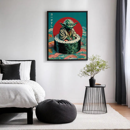 Funny Yoda wall art styled as sushi, minimalist Japanese pop art canvas painting for Star Wars fans and gamers. Star wars inspired wall art decor artwork poster for office, game room, bedroom decor. 