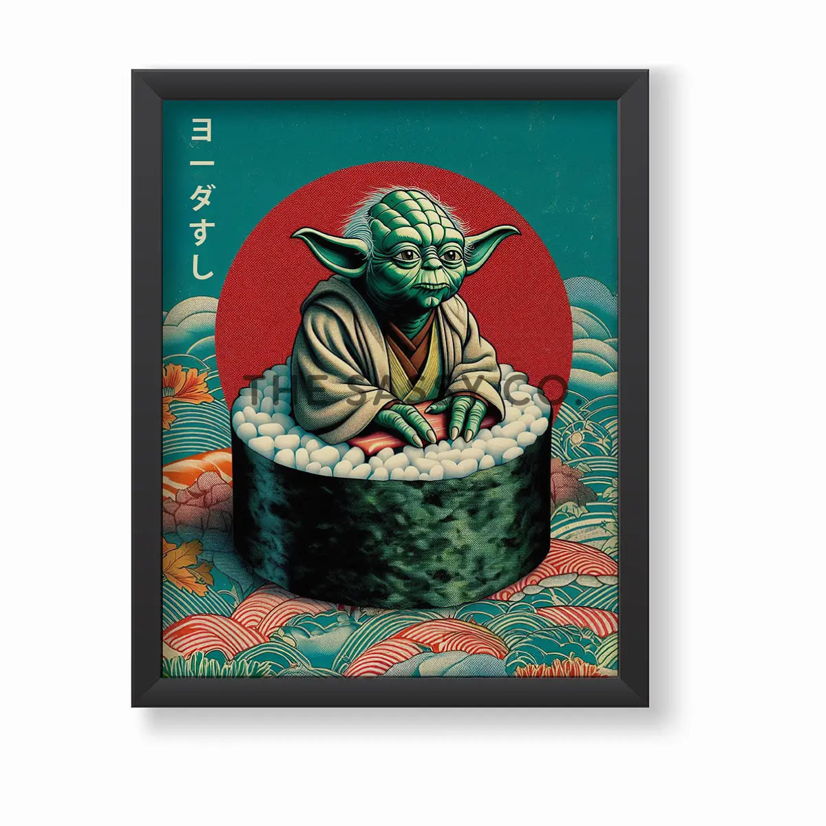 Funny Yoda wall art styled as sushi, minimalist Japanese pop art canvas painting for Star Wars fans and gamers. Star wars inspired wall art decor artwork poster for office, game room, bedroom decor. 