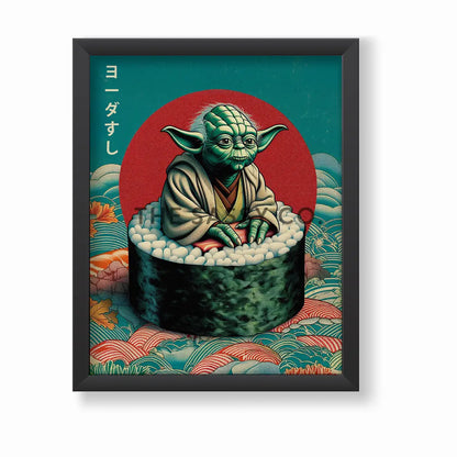 Funny Yoda wall art styled as sushi, minimalist Japanese pop art canvas painting for Star Wars fans and gamers. Star wars inspired wall art decor artwork poster for office, game room, bedroom decor. 